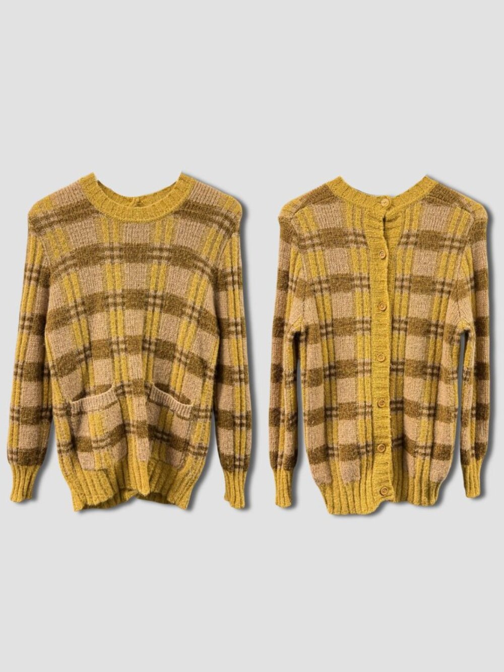 MARNI Tan Brown Wool Alpaca Blend 2-in-1 Reversible Plaid Sweater Sz M Cardigan